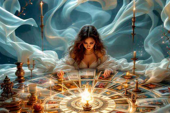 Pythoness reads tarot cards in a dark environment